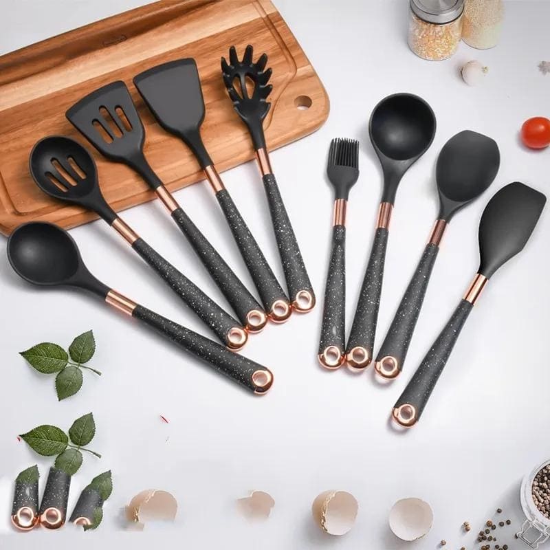 Kit Utensílios de Cozinha Silicone 10 Peças Com Organizador Rose