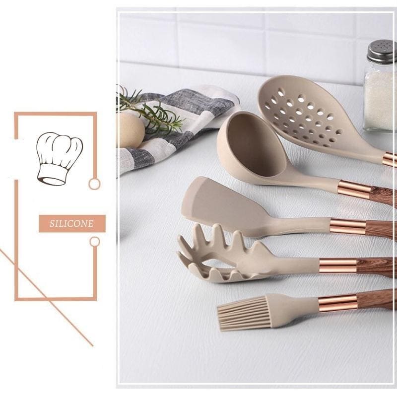 Kit Utensílios de Cozinha Silicone 10 Peças Com Organizador Rose