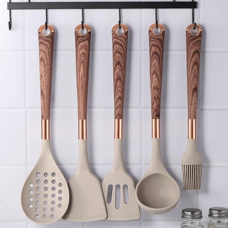 Kit Utensílios de Cozinha Silicone 10 Peças Com Organizador Rose