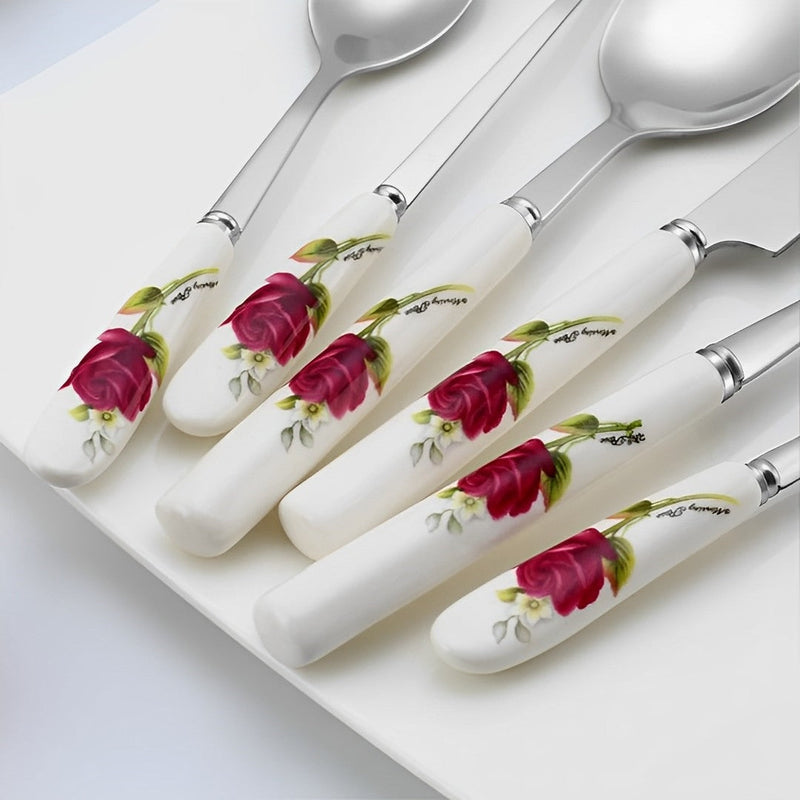 Conjunto de Talheres de Aço de Flores Rosas