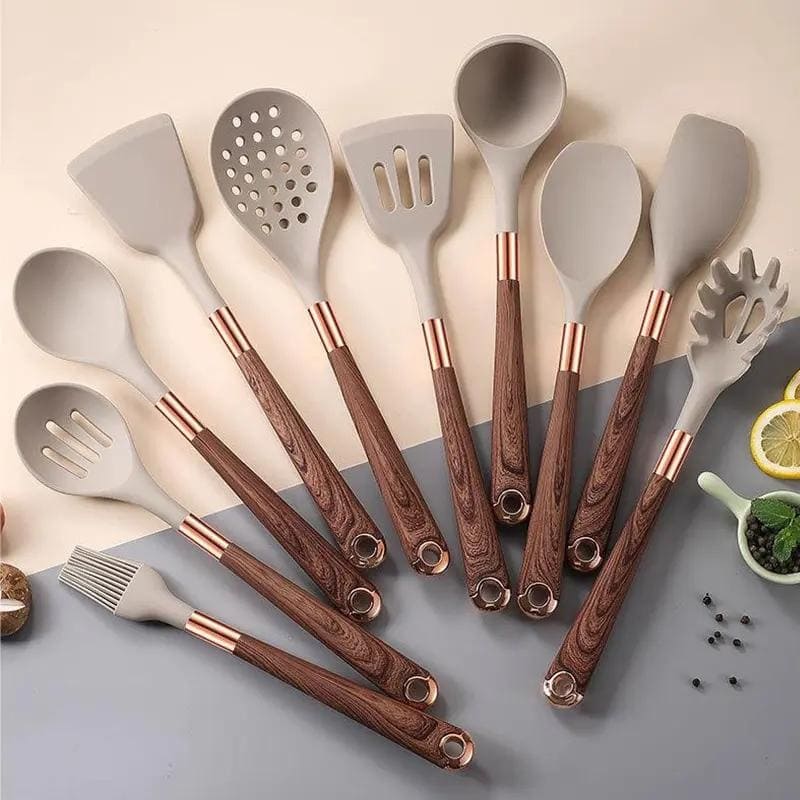 Kit Utensílios de Cozinha Silicone 10 Peças Com Organizador Rose