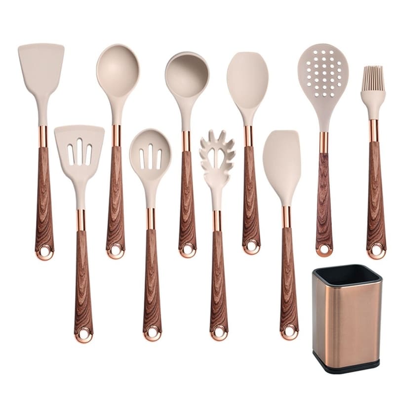 Kit Utensílios de Cozinha Silicone 10 Peças Com Organizador Rose