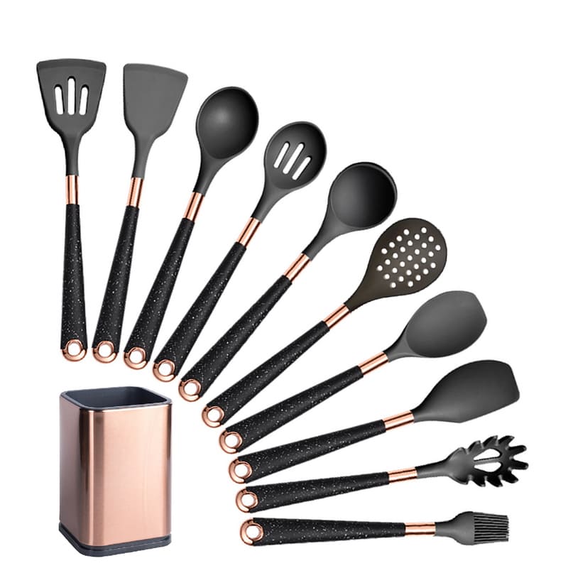 Kit Utensílios de Cozinha Silicone 10 Peças Com Organizador Rose