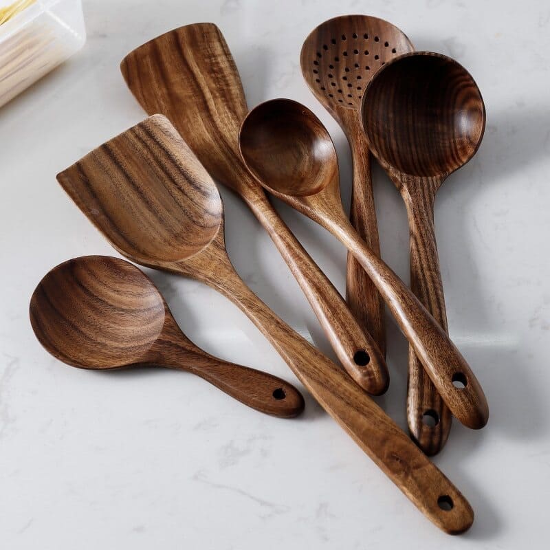 Kit Utensílios de Cozinha 7 Peças de Madeira