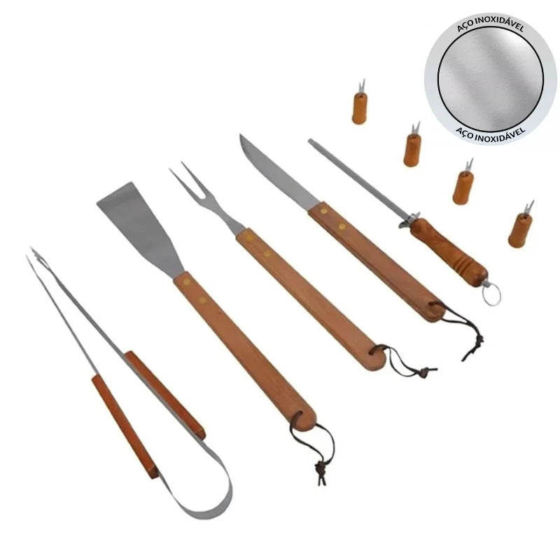 Kit Churrasco 9 Peças Aço Inox e Madeira