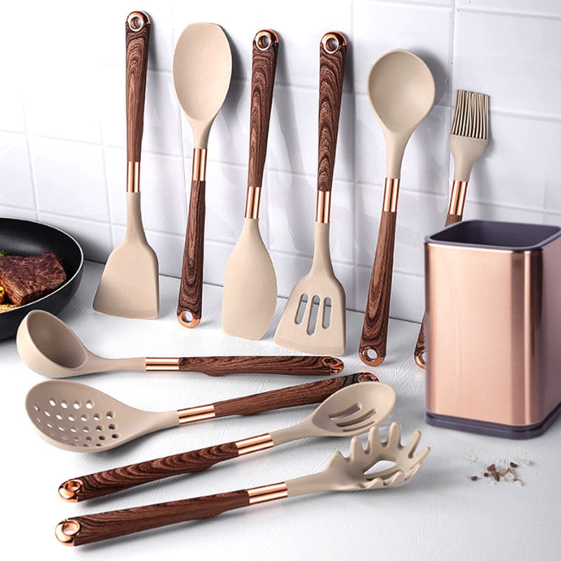 Kit Utensílios de Cozinha Silicone 10 Peças Com Organizador Rose